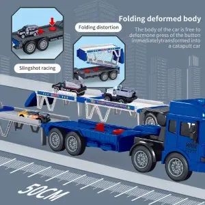 Kids Acousto-Optic Friction Transporter Vehicles Ejection Foldable Deformation Military Trailer Truck Toy with Mini Racing Cars