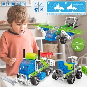 Kids STEM 175pcs 18 Models In 1 DIY Construction Pull Back Engineering Truck Creative Screw and Nut Assembly Vehicle Play Kit Children Educational Building Block Toys for Boys Gift