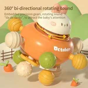 Infant Cute Bunny Rattle Teether Baby Sensory Grasping 360 Degrees Rotating Cartoon Rabbit Soft Hand Grab Ball Toy with Sound