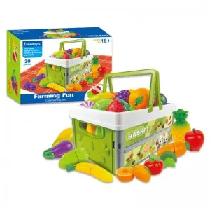34pcs Farm Market Kitchen Pretend Play Food Set Educational Fruits & Vegetables Cutting Toys Set with Portable Picnic Basket